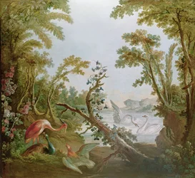 Meer met zwanen, een flamingo en verschillende vogels, uit de salon van Gilles Demarteau, ca. 1750-65